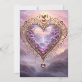 金ビクトリアンのハートと薄紫の花、ヴィンテージ シーズンカード