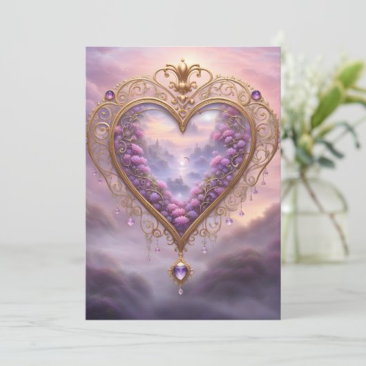 金ビクトリアンのハートと薄紫の花、ヴィンテージ シーズンカード (スタンド正面)