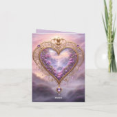 金ビクトリアンのハートと薄紫の花、ヴィンテージ シーズンカード (裏面)