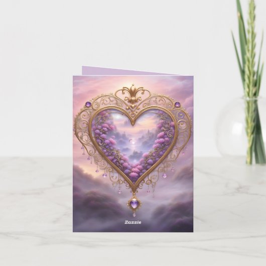 金ビクトリアンのハートと薄紫の花、ヴィンテージ シーズンカード (裏面)