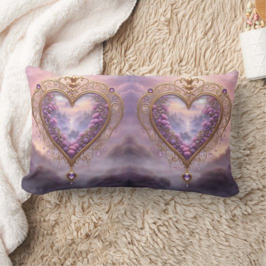 金ビクトリアンのハートと薄紫の花、ヴィンテージ ランバークッション (ブランケット)