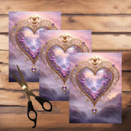 金ビクトリアンのハートと薄紫の花、ヴィンテージ 薄葉紙