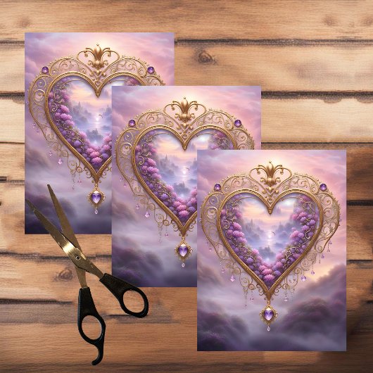 金ビクトリアンのハートと薄紫の花、ヴィンテージ 薄葉紙