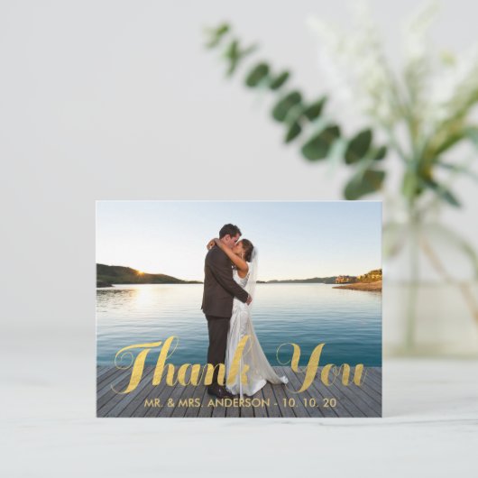 金フェイク箔の写結婚真ありがとう ポストカード (スタンド正面)