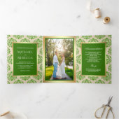 金フェイク箔グリーンダマスク結婚式の写真 三つ折り招待状 (内部)