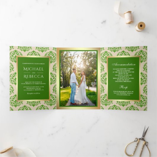 金フェイク箔グリーンダマスク結婚式の写真 三つ折り招待状 (内部)