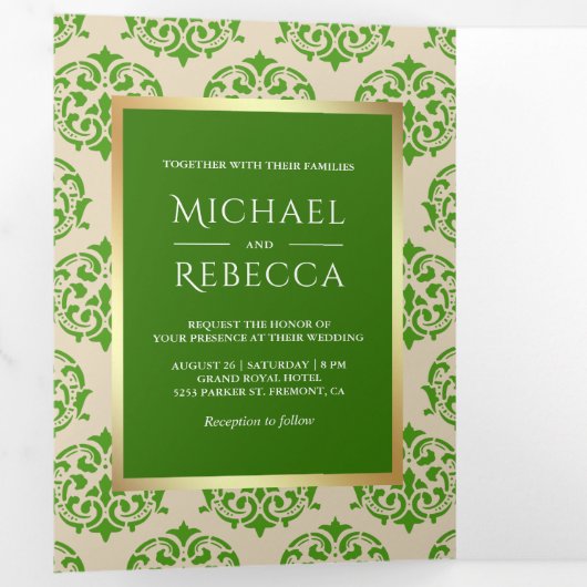 金フェイク箔グリーンダマスク結婚式の写真 三つ折り招待状 (内部最初)