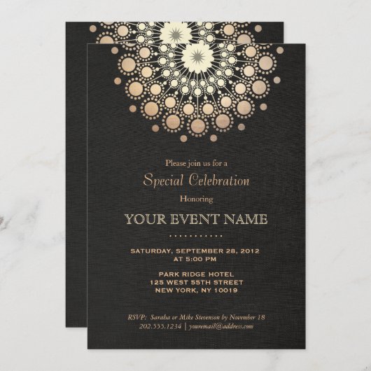 金フェイク箔サークルモチーフ黒フォーマルパーティー 招待状 (正面/裏面)