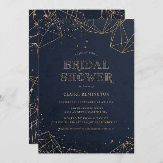 金フェイク箔ジオメトリポリゴンブライダルシャワー 招待状 (正面/裏面)