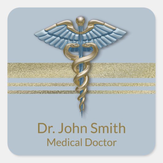 金フェイク箔ストライプメディカルカドゥセウス薄青 スクエアシール (正面)