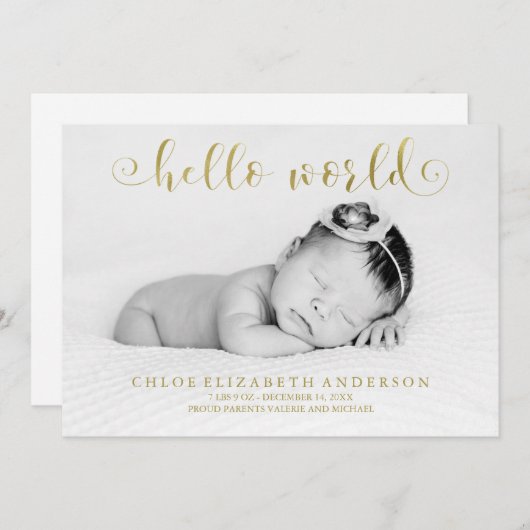 金フェイク箔タイポグラフィフォトベビーのお知らせ 案内状 (正面/裏面)