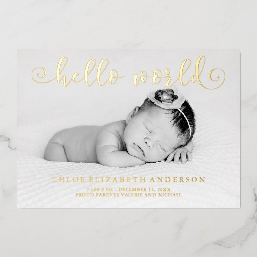 金フェイク箔タイポグラフィフォトベビーのお知らせ 箔招待状 (正面)