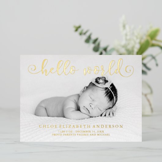 金フェイク箔タイポグラフィフォトベビーのお知らせ 箔招待状 (立ち正面)