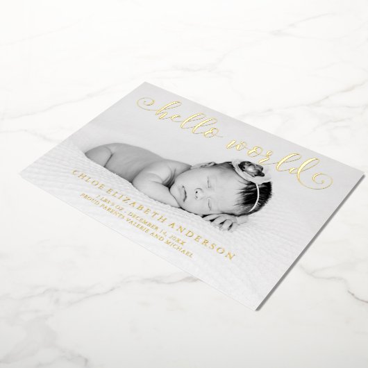 金フェイク箔タイポグラフィフォトベビーのお知らせ 箔招待状 (回転した状態)