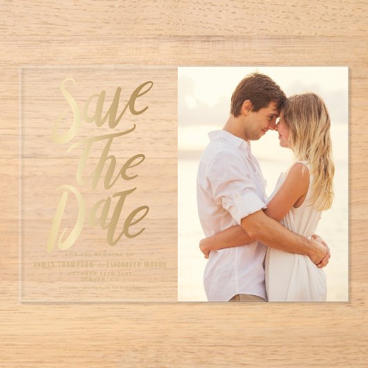 金フェイク箔タイポルグラフィと水玉模様写真 アクリル招待状 (正面)