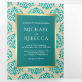 金フェイク箔ティール（緑がかった色）ダマスクウェディングフォト 三つ折り招待状 (内部最初)