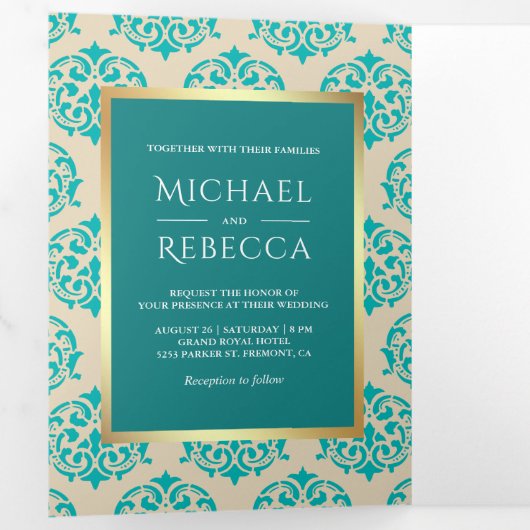 金フェイク箔ティール（緑がかった色）ダマスクウェディングフォト 三つ折り招待状 (内部最初)
