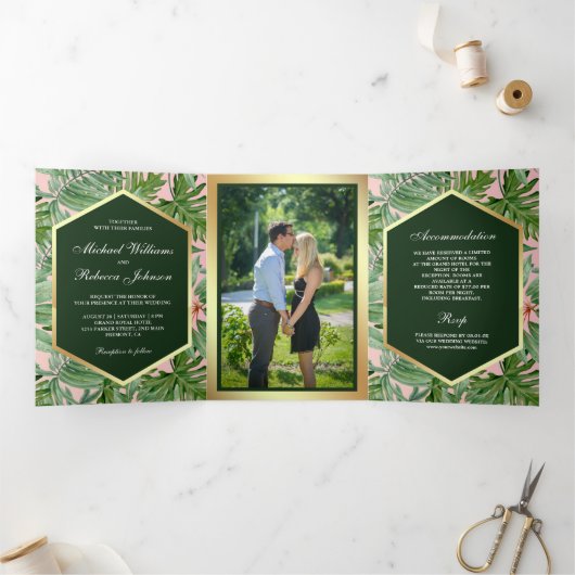金フェイク箔トロピカルパーム葉の写真結婚s 三つ折り招待状 (内部)