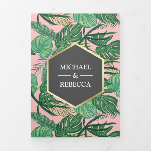 金フェイク箔トロピカルパーム葉の写真結婚s 三つ折り招待状 (カバー)