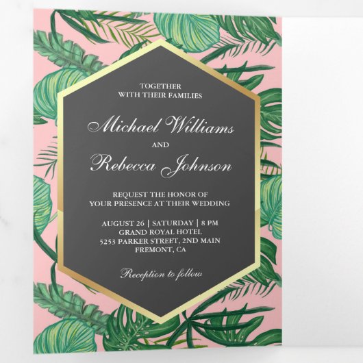 金フェイク箔トロピカルパーム葉の写真結婚s 三つ折り招待状 (内部最初)
