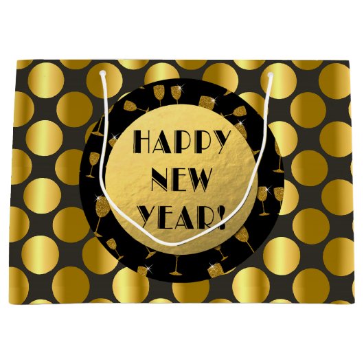 金フェイク箔ドット新年おめでとう！ギフトバッグ ラージペーパーバッグ (正面)