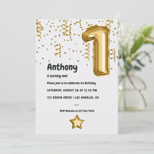 金フェイク箔バルーン1歳の誕生日 招待状 (スタンド正面)
