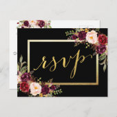 金フェイク箔バーガンディフローラブラックウェディングRSVP ポストカード (正面/裏面)