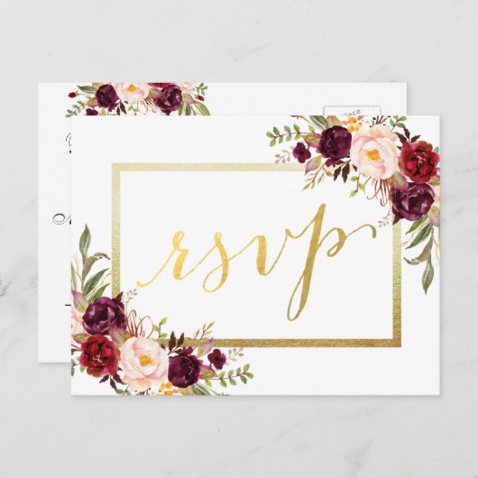 金フェイク箔バーガンディフローラ結婚式RSVP ポストカード (正面/裏面)