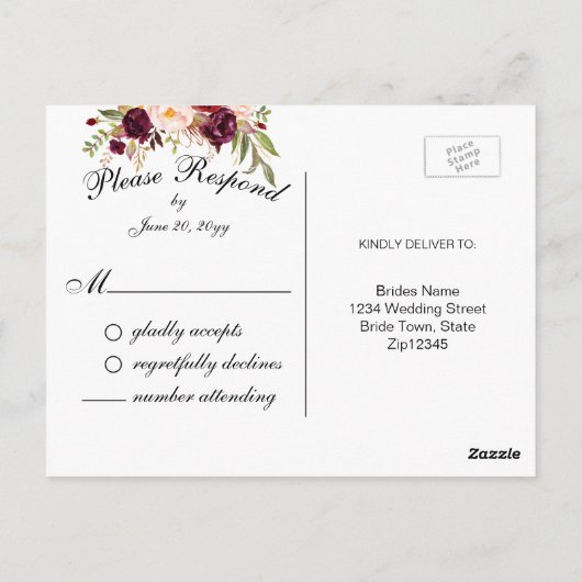金フェイク箔バーガンディフローラ結婚式RSVP ポストカード (裏面)
