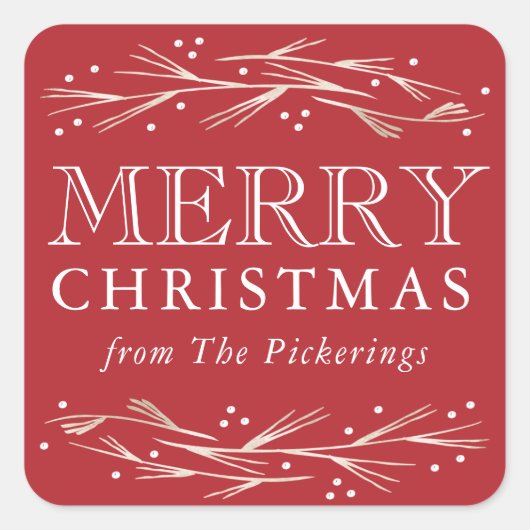 金フェイク箔パインメリークリスマスギフトラベル スクエアシール (正面)