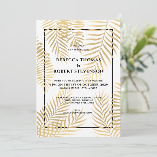 金フェイク箔パーム葉トロピカルビーチ結婚式 招待状 (スタンド正面)