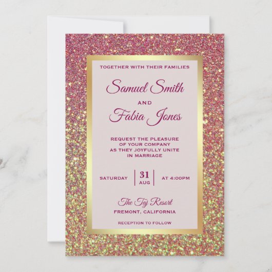 金フェイク箔ピンクグリッター結婚式招待状 招待状 (正面)