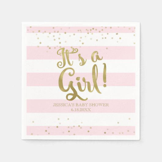 金フェイク箔ピンクストライプ色の女の子 スタンダードカクテルナプキン (正面)