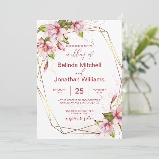 金フェイク箔フレーム付きマグノラ素朴ス 招待状 (スタンド正面)