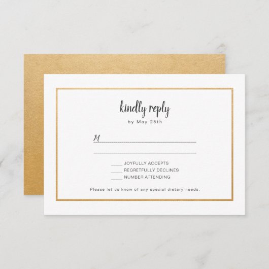 金フェイク箔フレーム結婚式RSVP返信カード 出欠カード (正面/裏面)