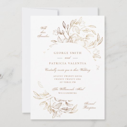金フェイク箔フローラ手描きエレガントな結婚式 招待状 (正面)