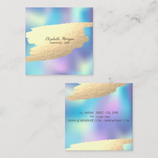 金フェイク箔ブラシストローク青ホログラフィック スクエア名刺 (正面/裏面)