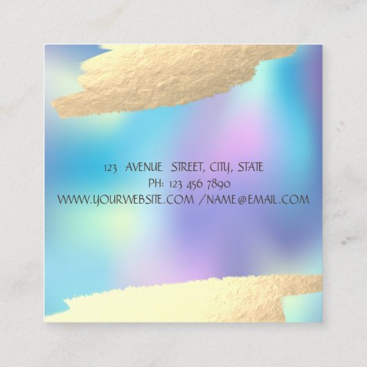 金フェイク箔ブラシストローク青ホログラフィック スクエア名刺 (裏面)