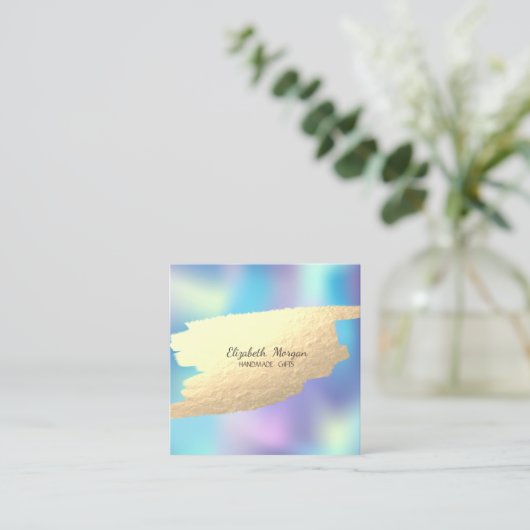 金フェイク箔ブラシストローク青ホログラフィック スクエア名刺 (スタンド正面)