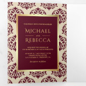 金フェイク箔ブルゴーニュのダマスクのウェディングフォト 三つ折り招待状 (内部最初)