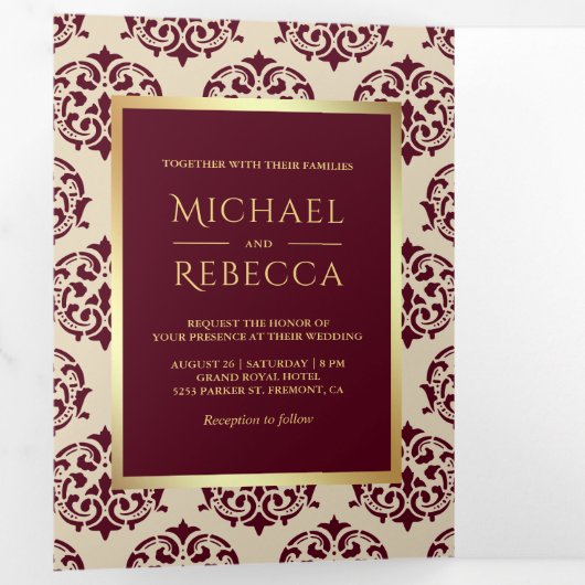 金フェイク箔ブルゴーニュのダマスクのウェディングフォト 三つ折り招待状 (内部最初)