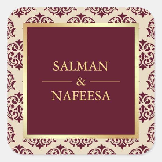 金フェイク箔ブルゴーニュのダマスクウェディング スクエアシール (正面)