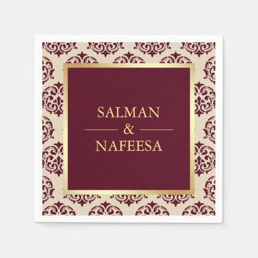 金フェイク箔ブルゴーニュのダマスクウェディング スタンダードカクテルナプキン (正面)