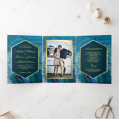 金フェイク箔ブルーアゲ結婚ートの写真 三つ折り招待状 (内部)