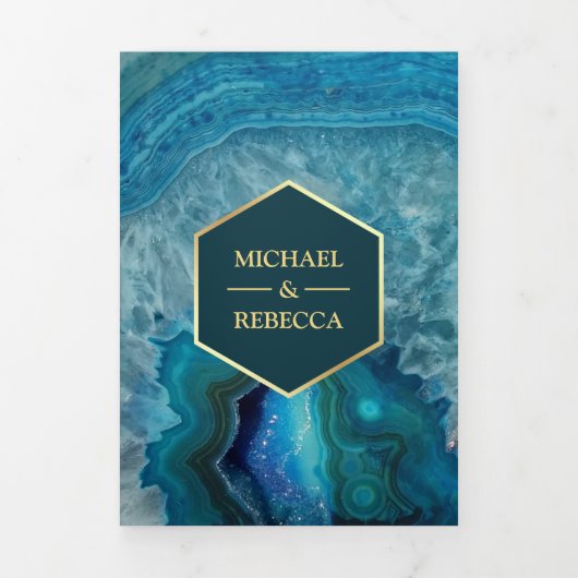 金フェイク箔ブルーアゲ結婚ートの写真 三つ折り招待状 (カバー)