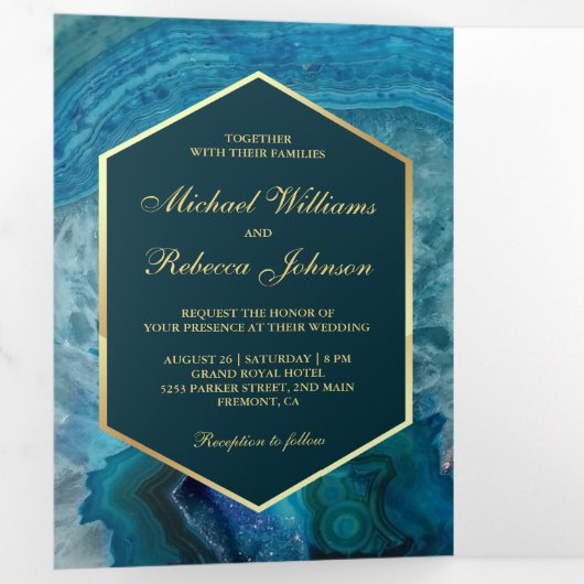 金フェイク箔ブルーアゲ結婚ートの写真 三つ折り招待状 (内部最初)