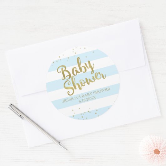 金フェイク箔ブルーストライプ赤ちゃんシャワー男の子 ラウンドシール (封筒)