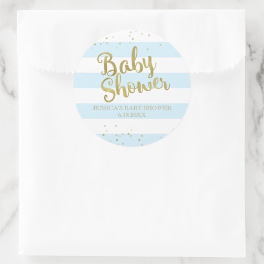 金フェイク箔ブルーストライプ赤ちゃんシャワー男の子 ラウンドシール (バッグ)