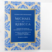 金フェイク箔ブルー王室のダマスク結婚式の写真 三つ折り招待状 (内部最初)