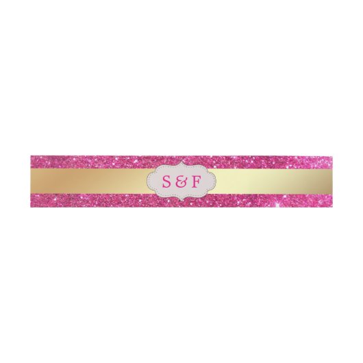 金フェイク箔ホットピンクグリッターズ結婚モノグラム 招待状ベリーバンド (フラット)